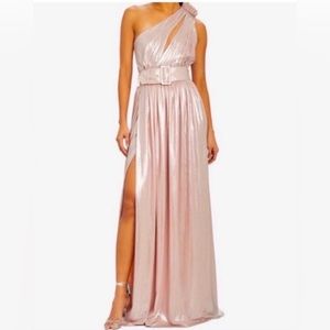Retrofete Andrea One Shoulder Lamé Gown Metallic Pink Belt Size S NWT *FLAW*
